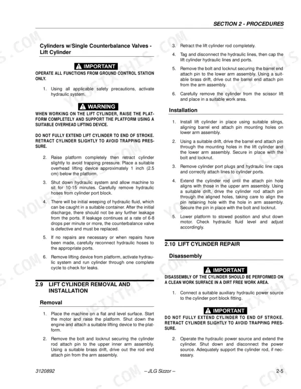 JLG 26MRT service manual procedures for lift cylinder removal, installation, and repair with counterbalance valves.