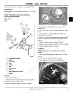 John Deere 1420, 1435, 1445, 1545, 1565 gas engine water pump removal, installation procedures, and exploded view diagram.