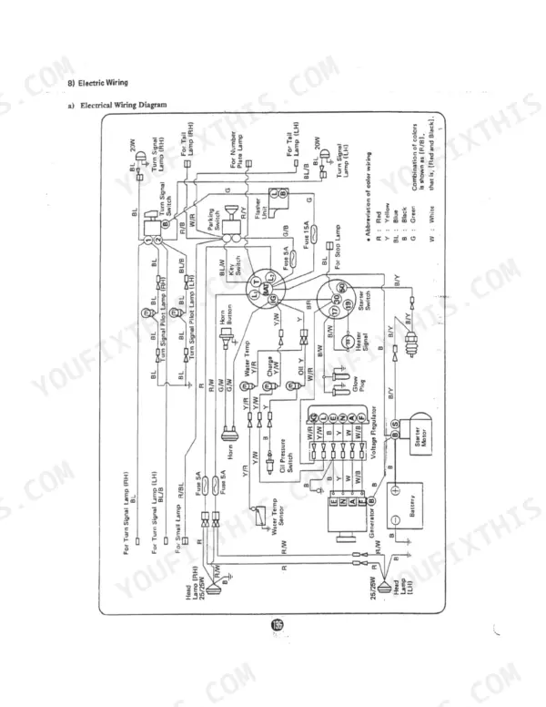 bolens-iseki-g152-variants-tractor-service-and-repair-manual-wiring-105.webp Bolens / Iseki G152, G154, G172, G174, TX1300, TX1300F, TX1500, TX1500F electrical wiring diagram showing lights, switches, and battery.