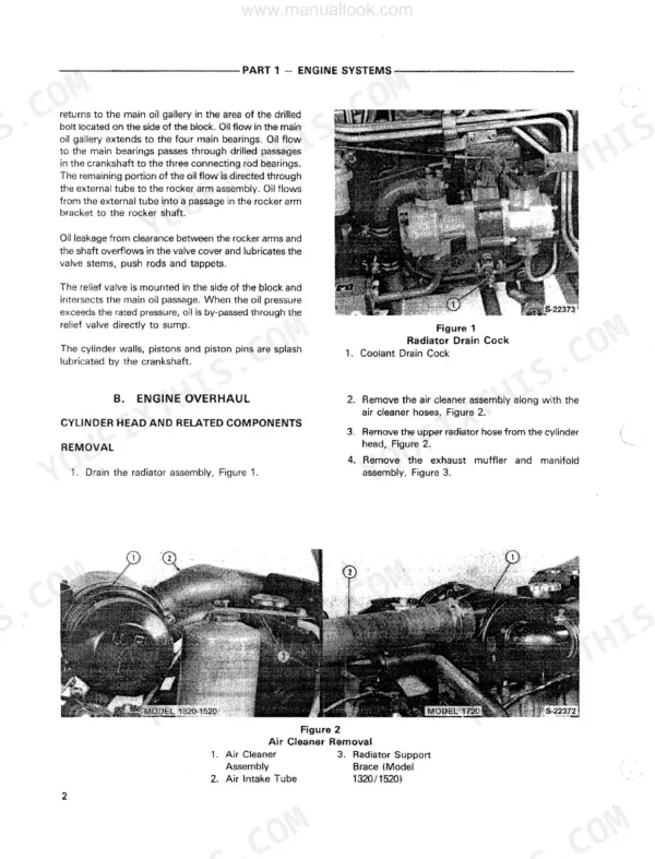 Ford 1320, 1520, 1720 engine overhaul procedures, radiator drain cock, and air cleaner removal diagrams.