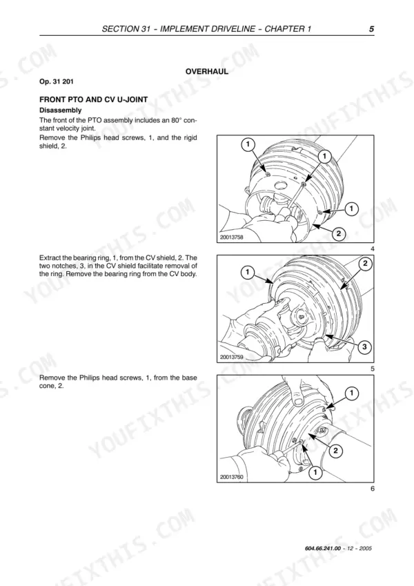 New Holland BR740A, BR750A front PTO and CV U-joint disassembly procedure with diagrams for shield and bearing ring removal.