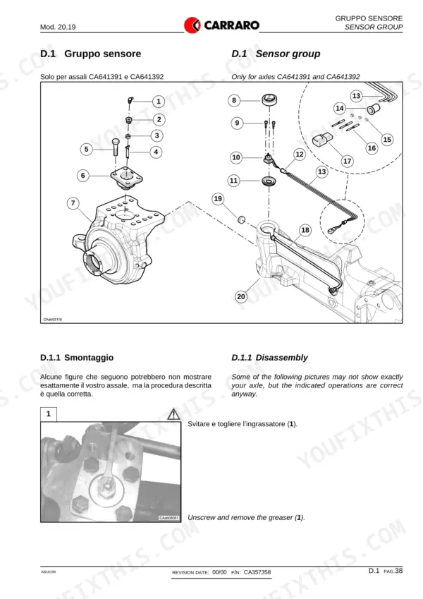 Carraro 20.19 sensor group exploded view for axles CA641391 and CA641392 with disassembly procedure steps.