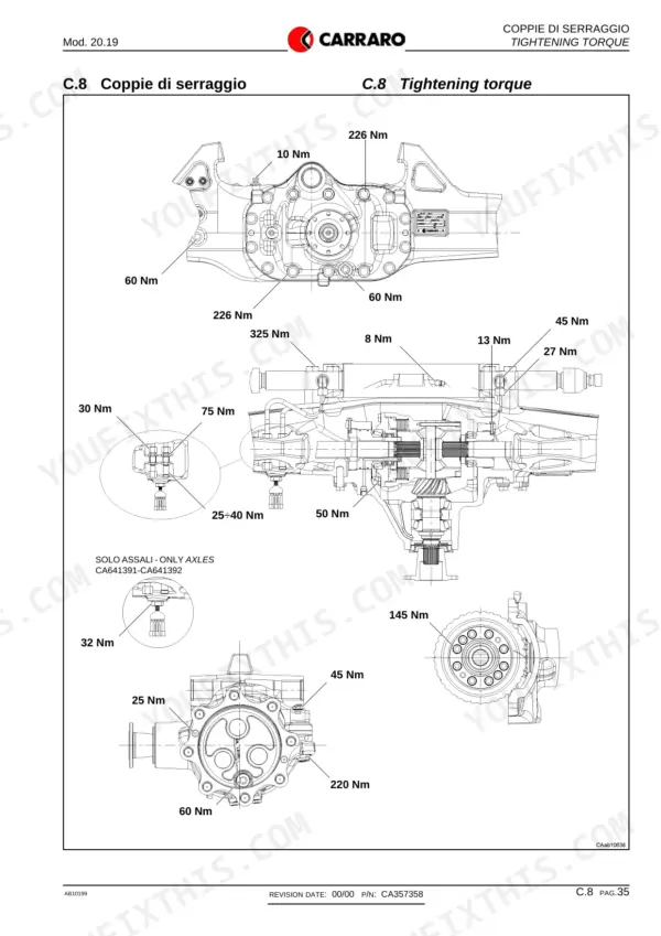 Carraro 20.19 axle tightening torque diagram showing bolt specifications for housing, differential, and hub components.