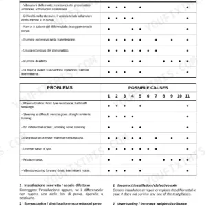 Carraro 20.19 troubleshooting chart for axle problems, causes, and diagnostic symptoms in English and Italian.