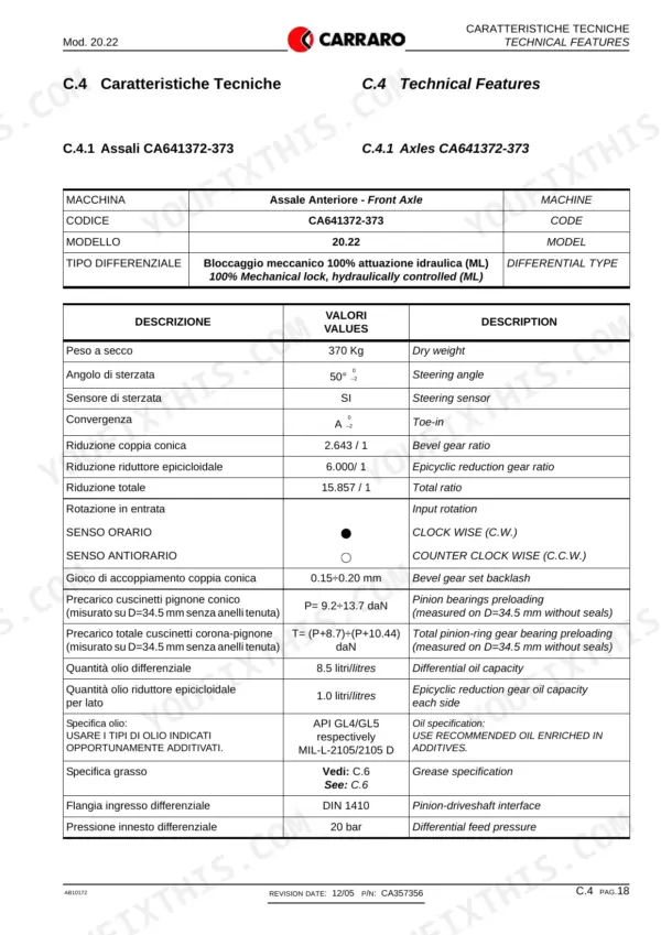 Carraro 20.22 technical specifications table for CA641372-373 front axle, including gear ratios, oil capacities, and preload settings.