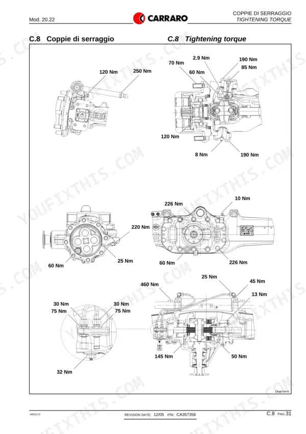 Carraro 20.22 axle assembly exploded view diagrams showing specific tightening torque values in Nm for various fasteners.