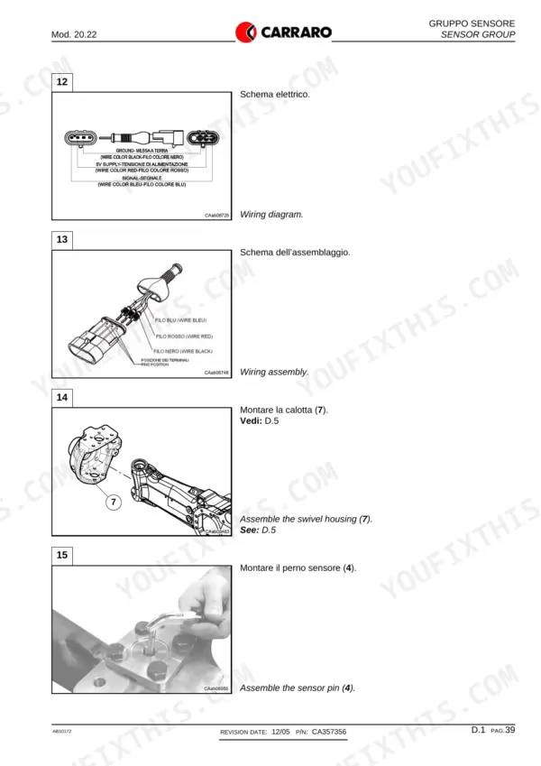 carraro-20-22-front-axle-repair-manual-ca357356-wiring-40.webp Carraro 20.22 sensor group wiring diagram, connector assembly, swivel housing installation, and sensor pin assembly procedures.