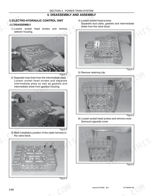 Case 1221E power train electro-hydraulic control unit disassembly steps and component removal photos.