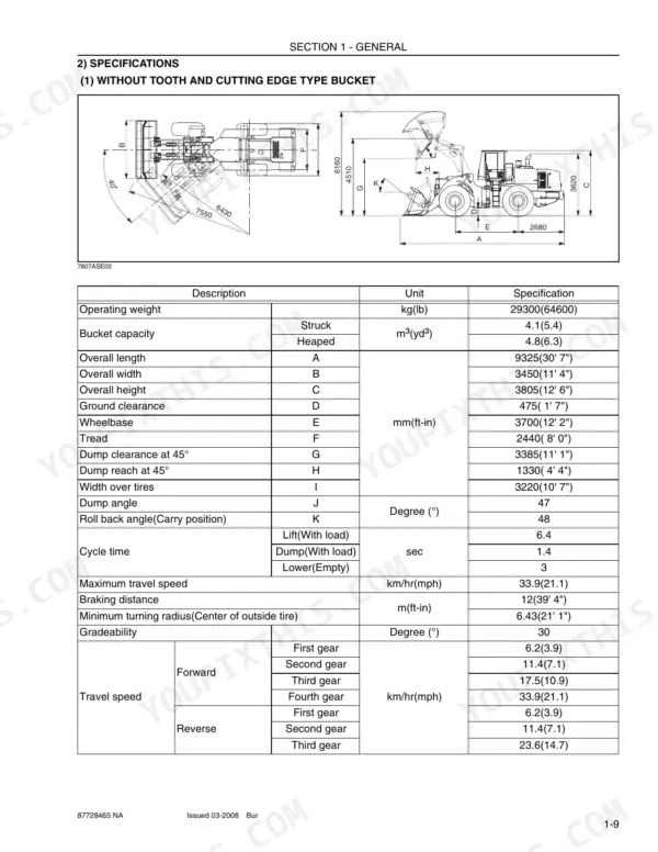 Case 1221E wheel loader dimensional diagram and general specifications table including weight, capacity, and travel speeds.
