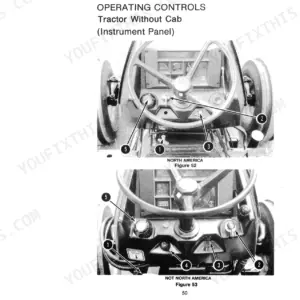 Case 1394 tractor instrument panel operating controls diagram for North America and non-North America models.