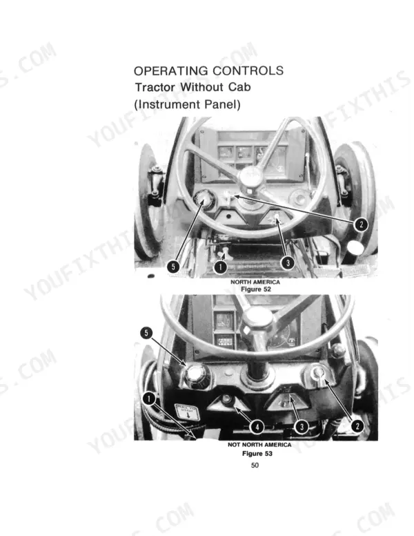 case-1394-tractor-operator-manual-controls-74.webp Case 1394 tractor instrument panel operating controls diagram for North America and non-North America models.
