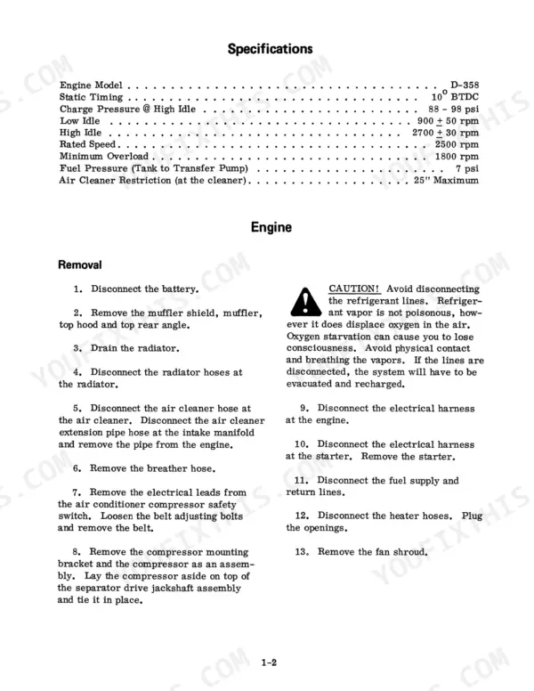 Case 1420 engine specifications table and step-by-step engine removal procedure instructions.