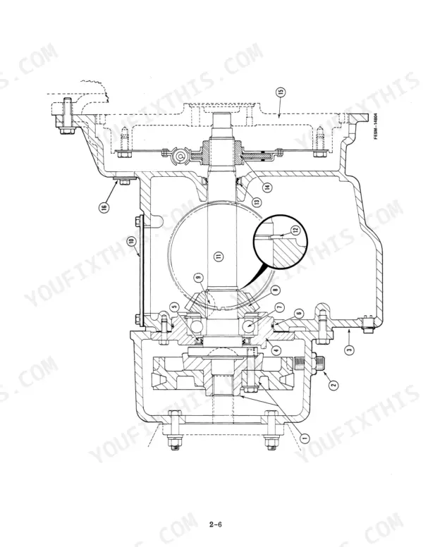 Case 1420 service manual cross-section diagram of the transmission input shaft, bearings, and housing assembly.