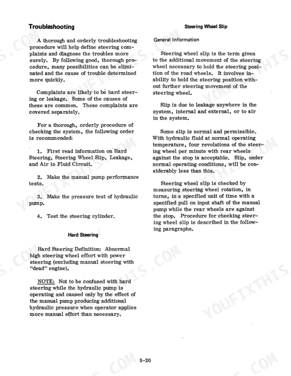 Case 1420 service manual page covering steering troubleshooting, steering wheel slip definitions, and hard steering diagnostics.