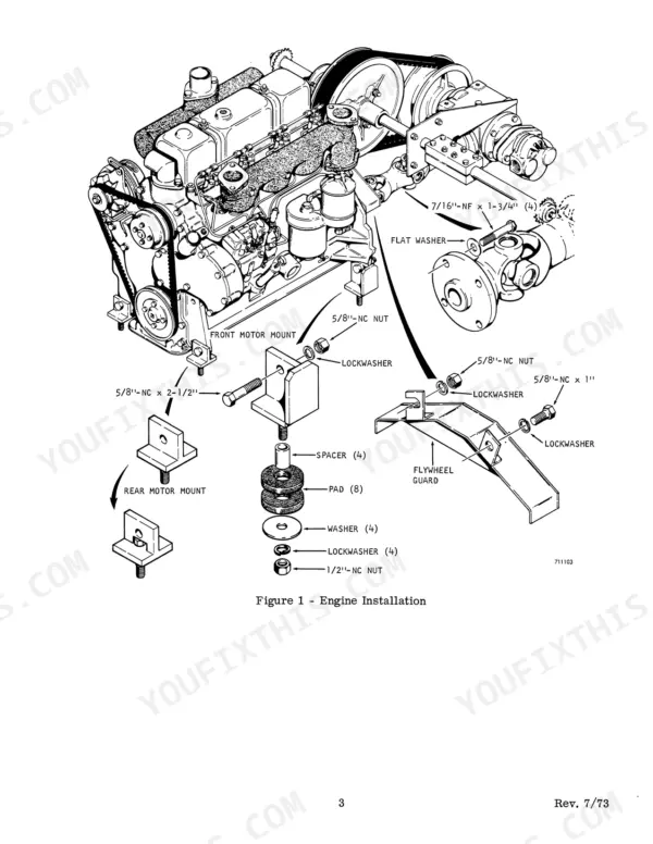 case-1700-1737-1740-uni-loader-service-manual-9-72095-exploded-view-31.webp Case 1700, 1737, 1740 Uni-Loader engine installation exploded view showing mounts and guard.