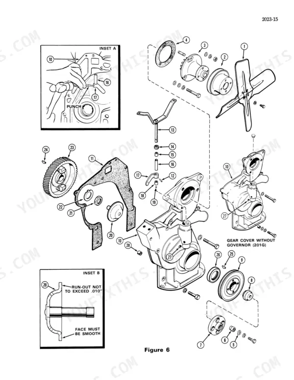 Case 1700, 1737, 1740 Uni-Loader exploded view of engine gear cover, fan, and governor assembly.