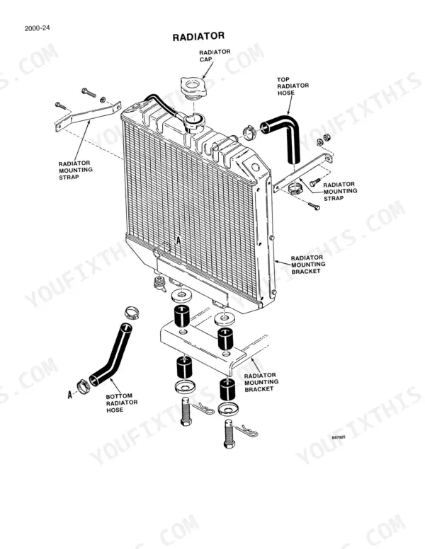 case-1818-uni-loader-service-manual-8-66102-exploded-view-65.webp Case 1818 exploded view diagram of radiator assembly, including mounting straps, hoses, brackets, and cap components.