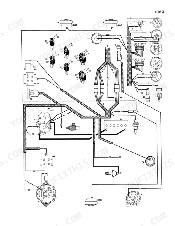 Case 1835B wiring diagram showing battery, starter, alternator, switches, and electrical harness connections.