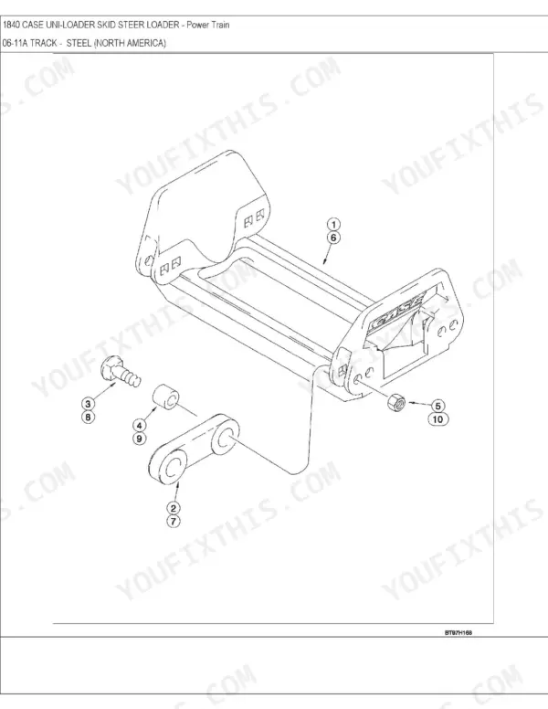 Case 1840, D125 exploded view of steel track power train components including track links, bolts, and nuts.