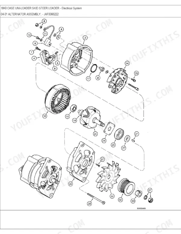 Case 1840, D125 exploded view diagram of the alternator assembly showing stator, rotor, bearings, and pulley components.