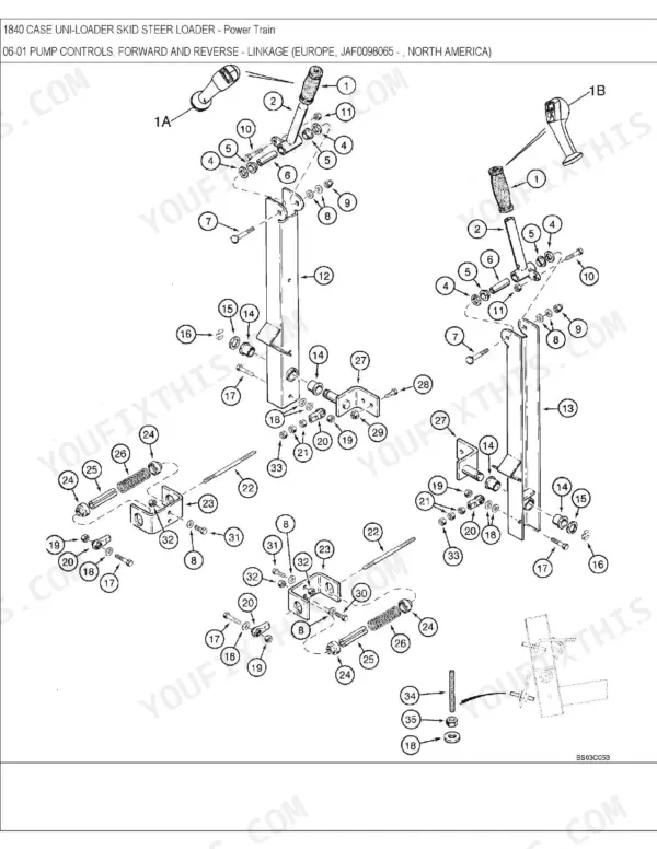 Case 1840, D125 exploded view of forward and reverse pump control linkage components with numbered parts list.