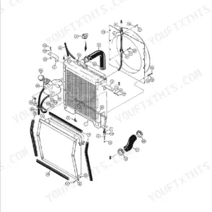 Case 1840, D125 exploded view diagram of the radiator and oil cooler assembly with numbered components.