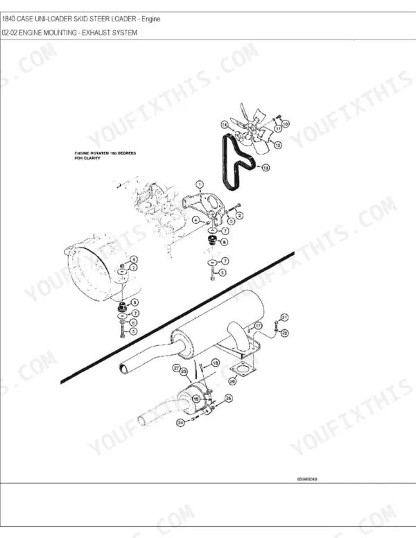 Case 1840, D125 exploded view of engine mounting and exhaust system components including fan, belt, and muffler.
