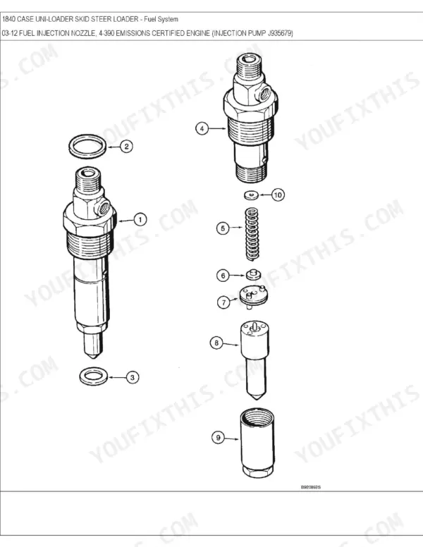 Case 1840, D125 exploded view of 4-390 engine fuel injection nozzle components with numbered parts list reference.