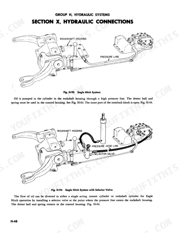 Case 300, 300B, 400B, 310, 312, 301, 311 Eagle Hitch hydraulic system diagrams showing rockshaft housing and selector valve.