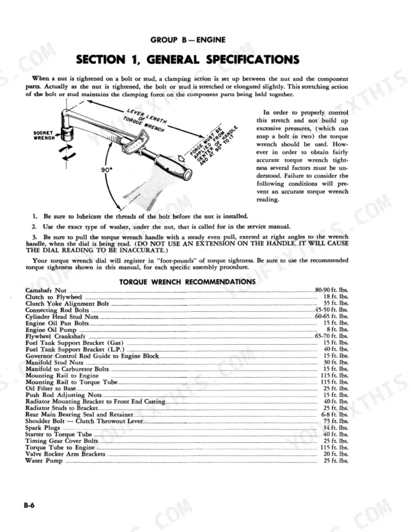 Case 300, 300B, 400B, 310, 312, 301, 311 engine torque wrench usage diagram and general specifications table for engine components.