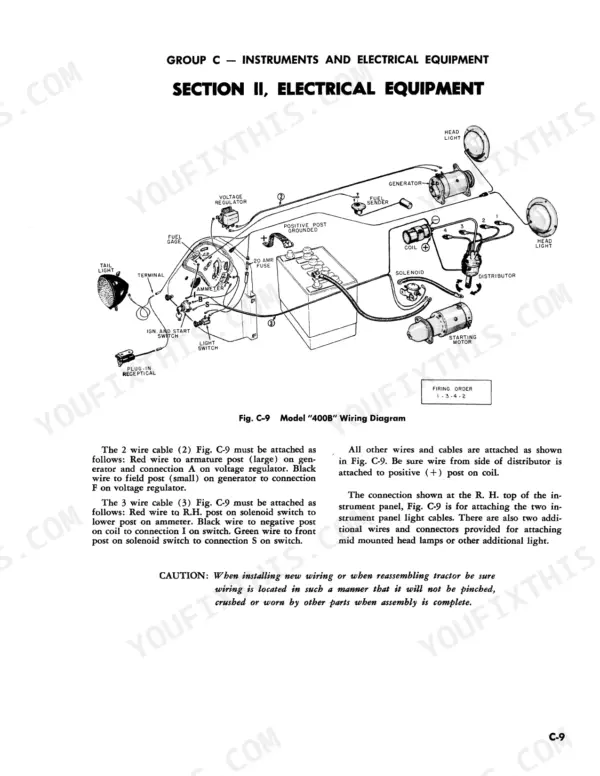 case-300-300b-400b-tractor-service-manual-9-92002-wiring-140.webp Case 300, 300B, 400B, 310, 312, 301, 311 electrical wiring diagram showing generator, battery, coil, distributor, and ignition switch.