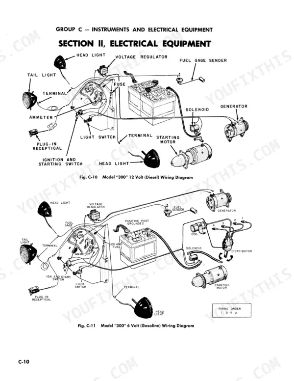 Case 300, 300B, 400B, 310, 312, 301, 311 wiring diagrams for 12V diesel and 6V gasoline electrical systems with firing order.