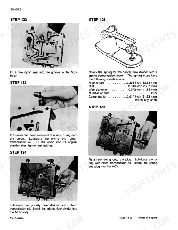 Case 380B tractor hydraulic control valve assembly steps 122-125 with photos (section 8010)