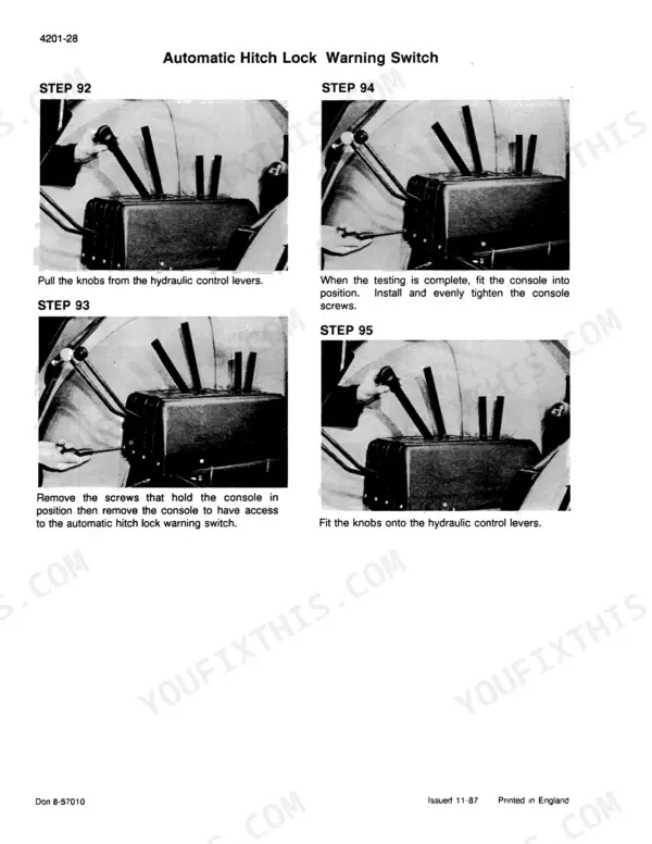 Case 380B tractor automatic hitch lock warning switch test in electrical troubleshooting (section 4201)