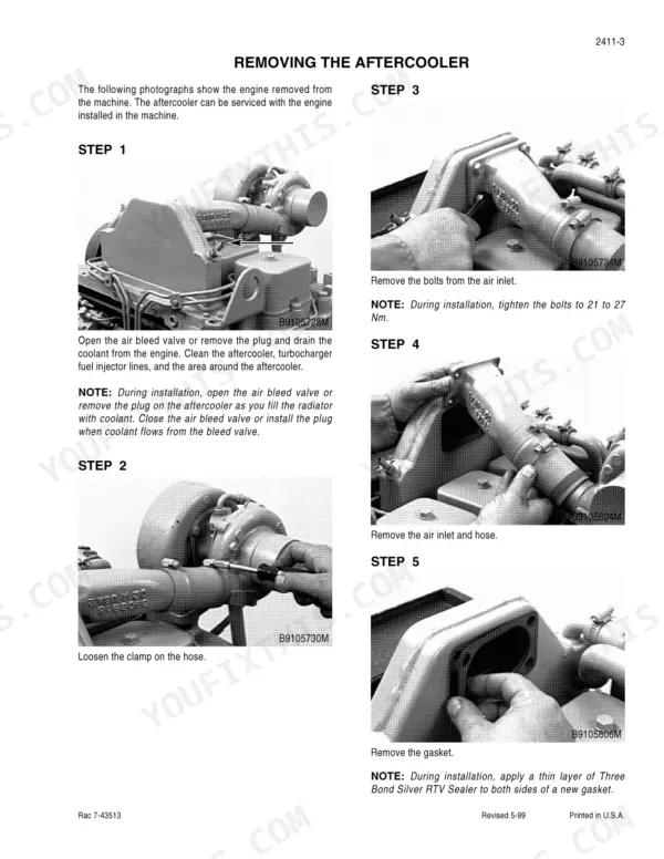 Case 4-390, 4T-390, 4TA-390 service manual procedure for removing the engine aftercooler with step-by-step photos.
