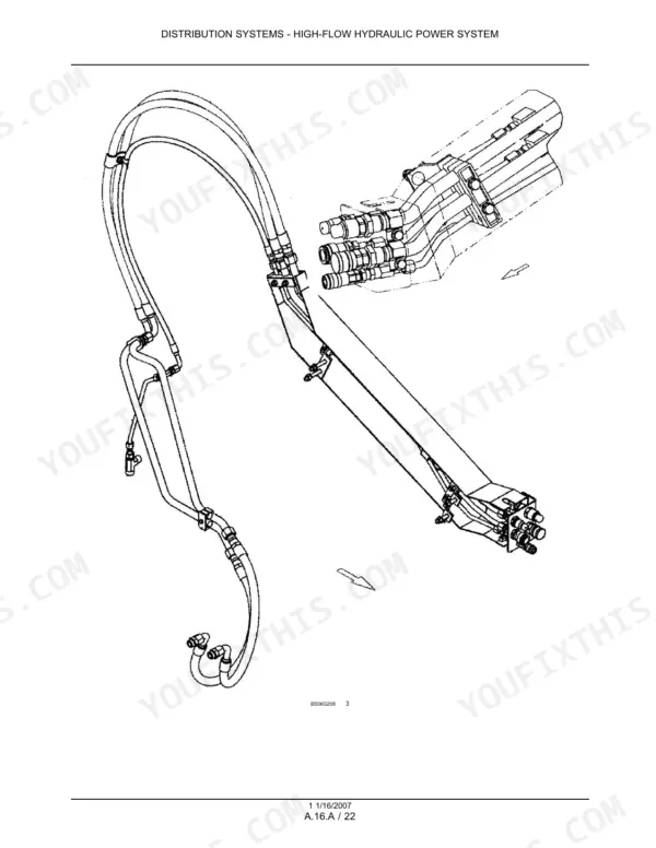 case-450-465-450ct-repair-manual-skid-steer-compact-track-loader-distribution-systems-179.webp Case 450, 465, 450CT high-flow hydraulic power system diagram showing hose routing and coupler connections.
