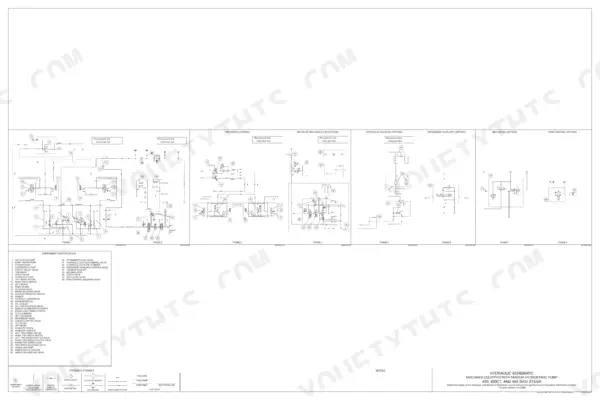 Case 450, 465, 450CT hydraulic schematic showing 8 frames of system diagrams, component identification list, and symbols.
