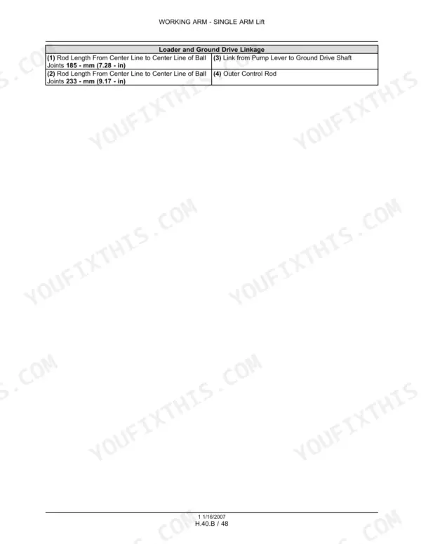 Case 450, 465, 450CT table showing loader and ground drive linkage rod length specifications and component descriptions.