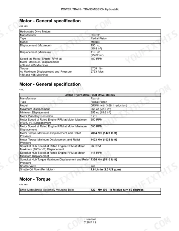 Case 450, 465, 450CT hydrostatic drive motor specifications, Rexroth motor data, and drive motor mounting bolt torque values.
