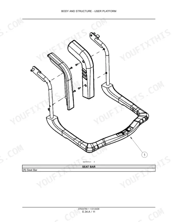 Case 450, 465, 450CT exploded view diagram of the operator seat bar assembly and mounting hardware for the user platform.