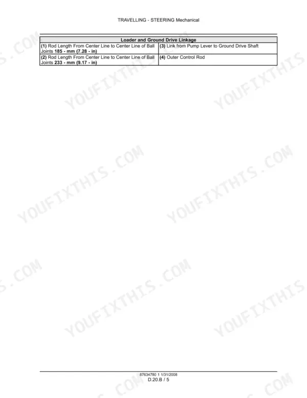 Case 450, 465, 450CT mechanical steering table showing loader and ground drive linkage rod length specifications.