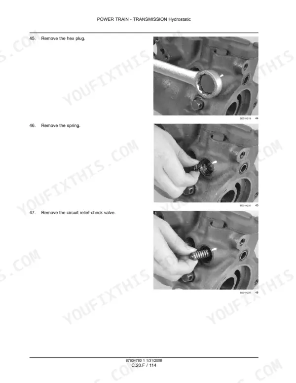 Case 450, 465, 450CT hydrostatic transmission service: removing hex plug, spring, and circuit relief-check valve components.