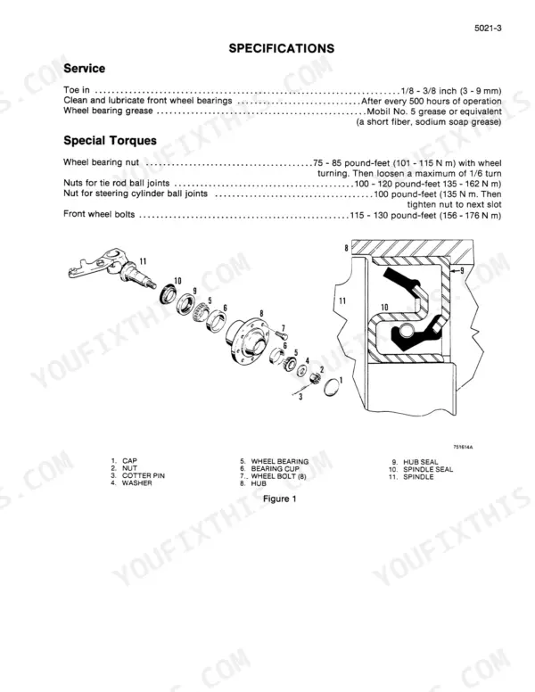 Case 480D, 480LL service manual specifications, torque settings, and exploded view of front wheel hub and spindle assembly.