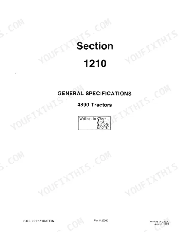 Case 4890 Service Manual — Section 1210 General Specifications title page