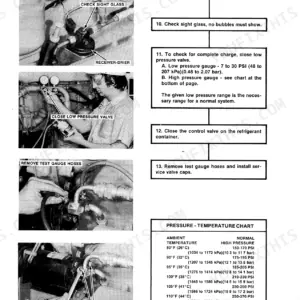Case 4894 tractor air conditioning refrigerant charging steps with sight glass check and pressure-temperature chart (section 9205)