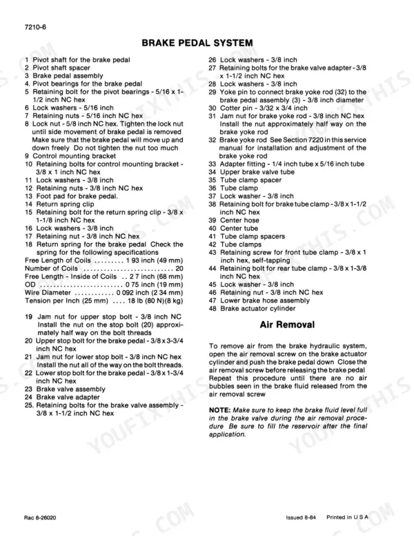 Case 4894 tractor brake pedal system exploded view with numbered parts list (section 7210)