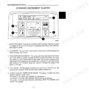 Case 5220, 5230, 5240, 5250 standard instrument cluster diagram, gauges, indicator lamps, and component descriptions.