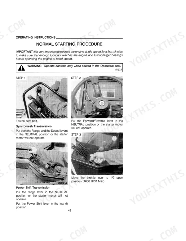 Case 5220, 5230, 5240, 5250 normal engine starting procedure steps for Syncromesh and Power Shift transmission models.