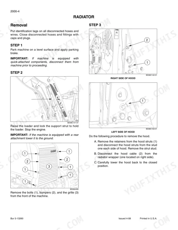 Case 570MXT radiator removal procedure, including hood strut, cable disconnection, and front grille bolt removal diagrams.