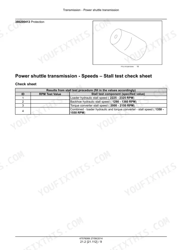 Case 570T stall test check sheet: loader, backhoe, torque converter and combined stall speeds